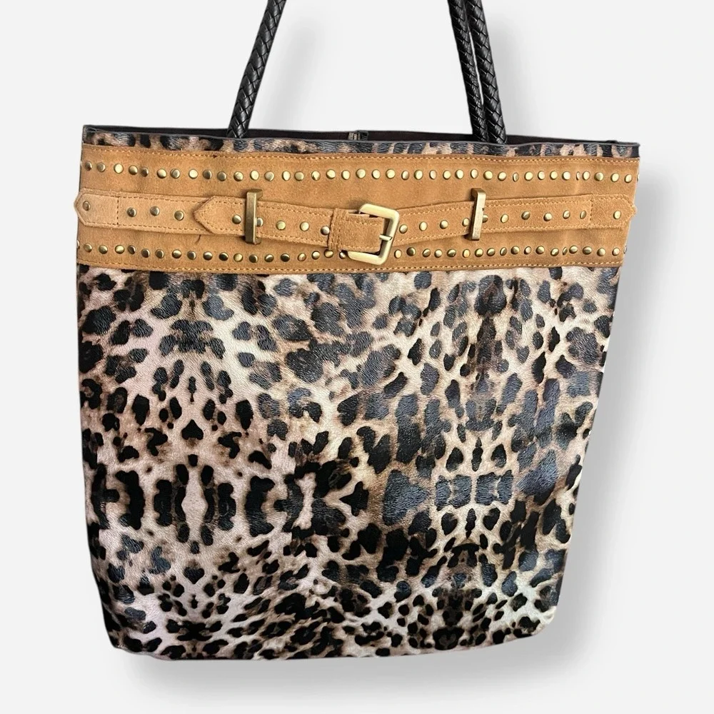 LIONEL Leopard Bag Faux Leather Suede Trim‎ Studded Braided Handles Western